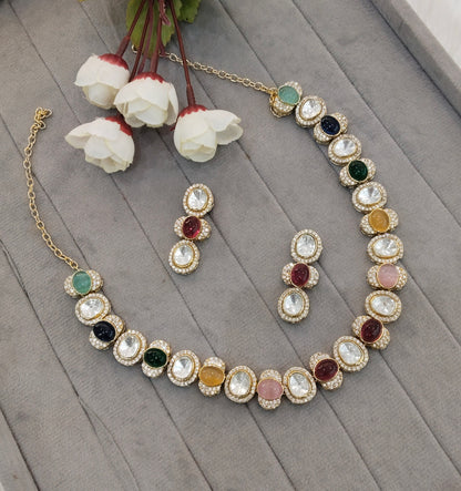 Multi Color Gold Moissanite Kundan Necklace Indian Jewellery Sonalika Set