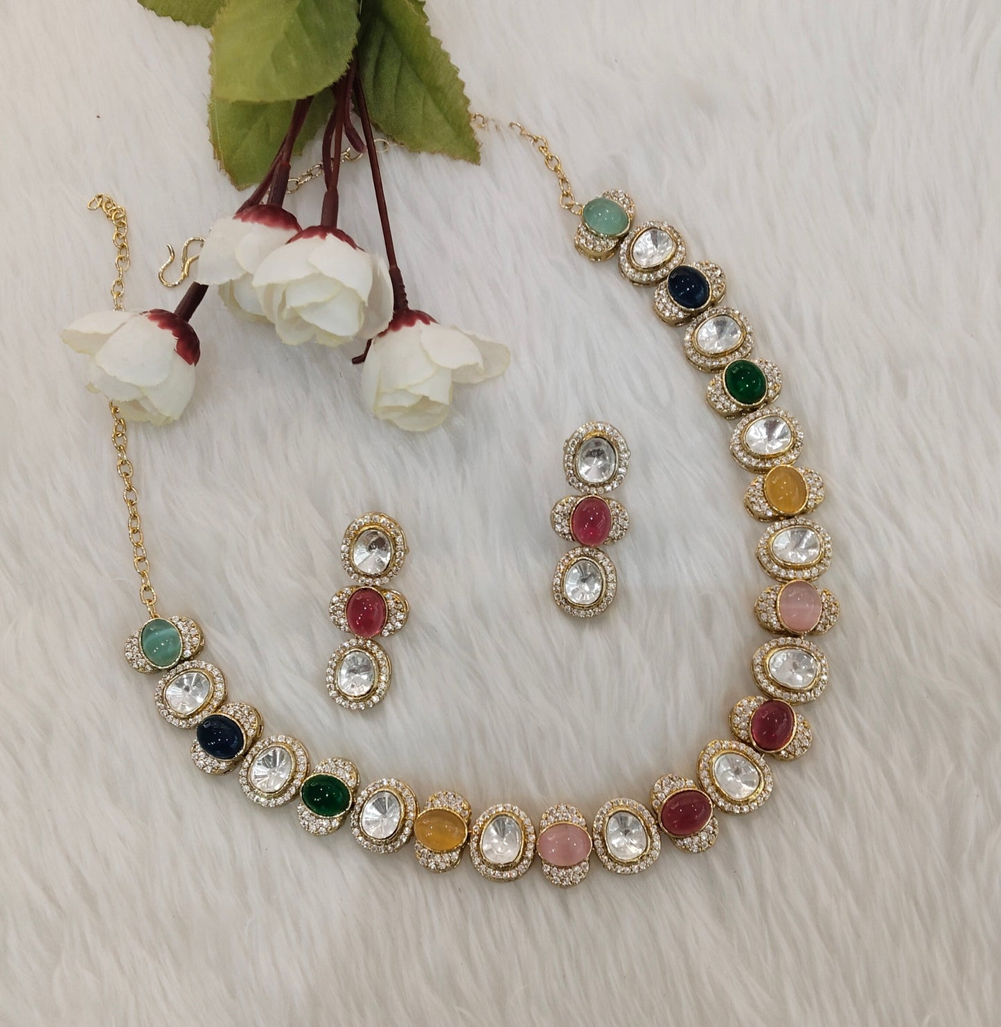 Multi Color Gold Moissanite Kundan Necklace Indian Jewellery Sonalika Set