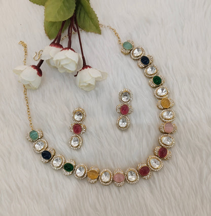 Multi Color Gold Moissanite Kundan Necklace Indian Jewellery Sonalika Set
