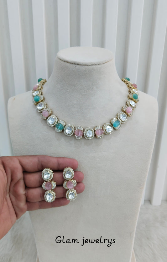 Mint Pink Gold Moissanite Kundan Necklace Indian Jewellery Sonalika Set