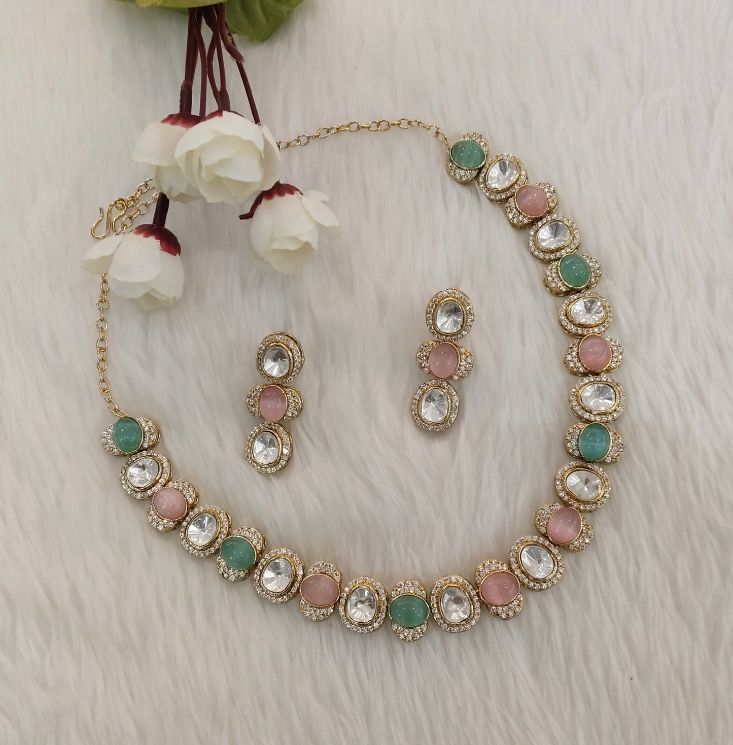 Mint Pink Gold Moissanite Kundan Necklace Indian Jewellery Sonalika Set