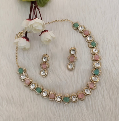 Mint Pink Gold Moissanite Kundan Necklace Indian Jewellery Sonalika Set