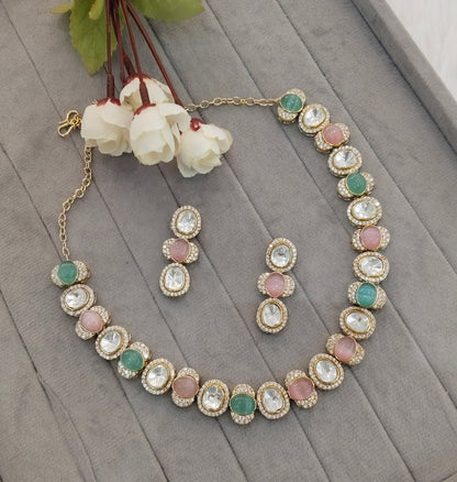 Mint Pink Gold Moissanite Kundan Necklace Indian Jewellery Sonalika Set