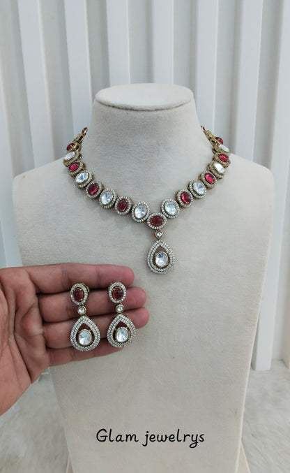 Ruby Gold Moissanite Kundan Necklace Indian Jewellery Sonalika Set
