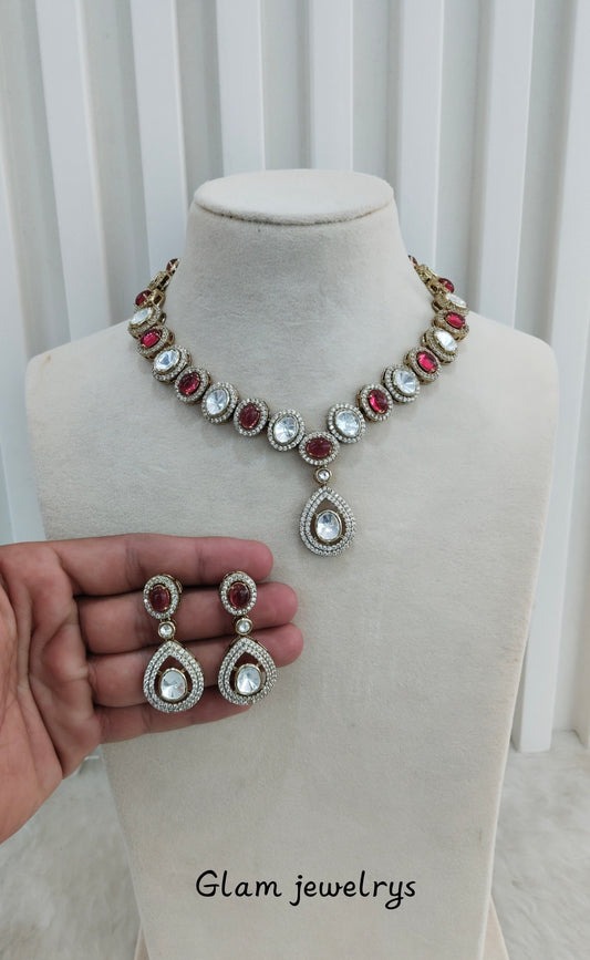 Ruby Gold Moissanite Kundan Necklace Indian Jewellery Sonalika Set