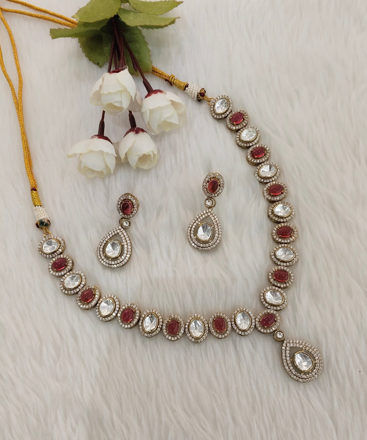 Ruby Gold Moissanite Kundan Necklace Indian Jewellery Sonalika Set