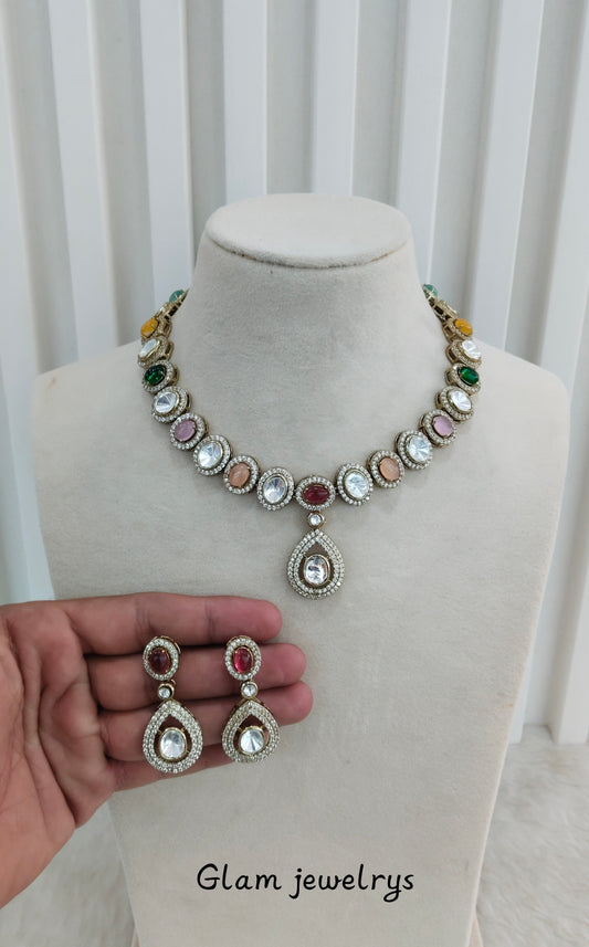 Multi Color Gold Moissanite Kundan Necklace Indian Jewellery Sonalika Set