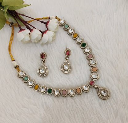 Multi Color Gold Moissanite Kundan Necklace Indian Jewellery Sonalika Set