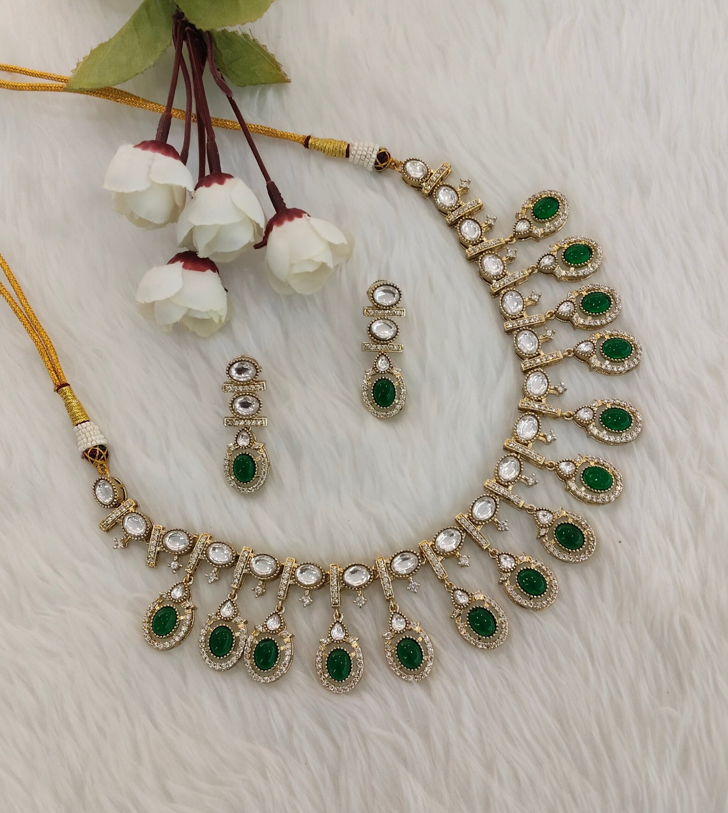 Green Gold Moissanite Kundan Necklace Indian Jewellery Sonalika Set
