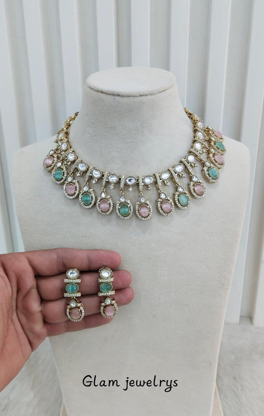 Mint Pink Gold Moissanite Kundan Necklace Indian Jewellery Sonalika Set