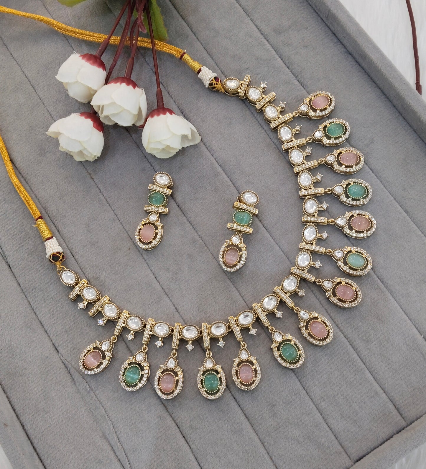 Mint Pink Gold Moissanite Kundan Necklace Indian Jewellery Sonalika Set