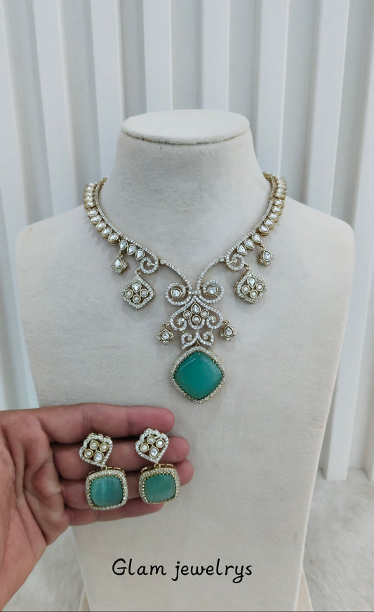 Sage Green Gold Moissanite Kundan Necklace Indian Jewellery Sonalika Set