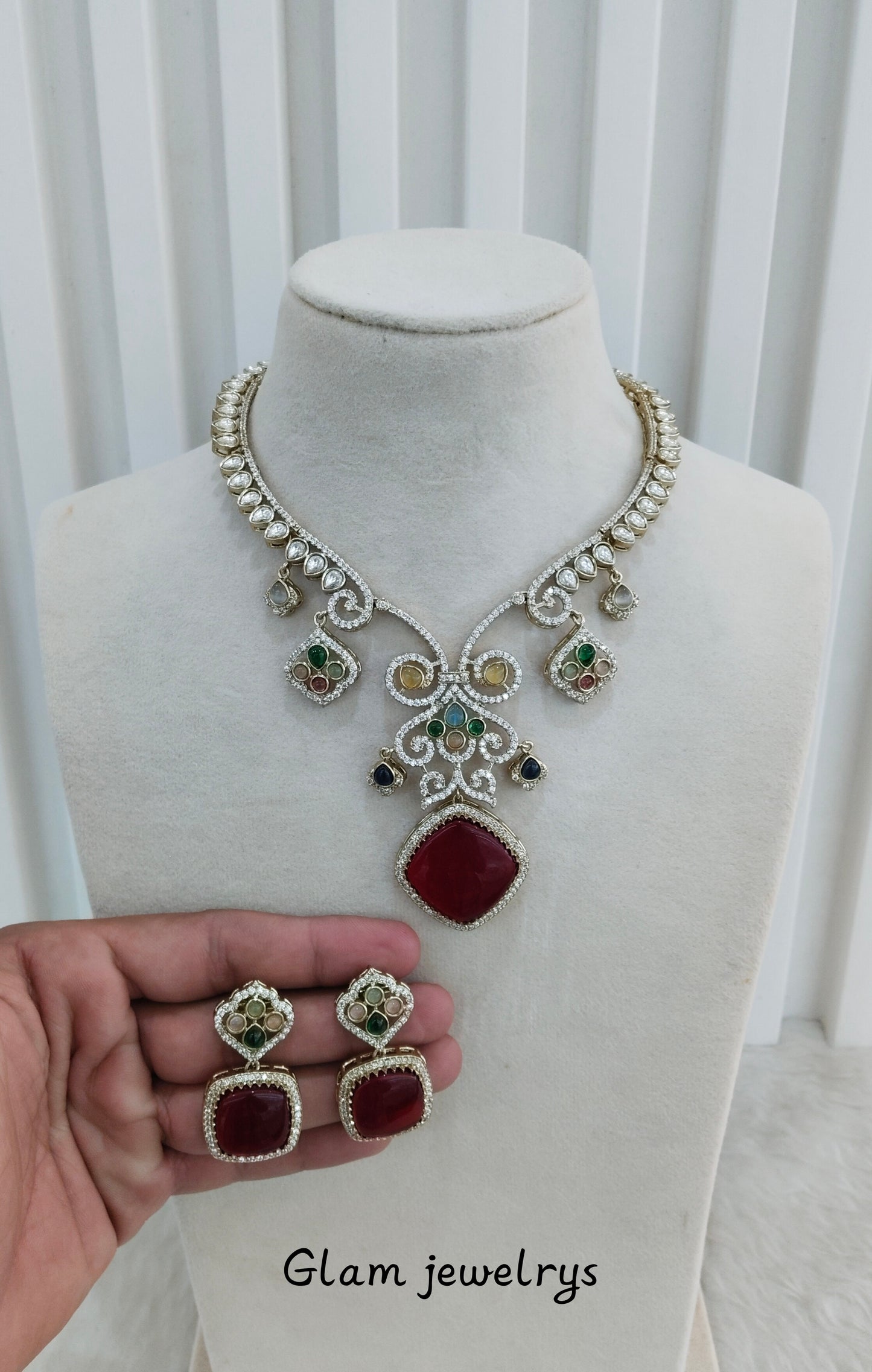 Multi Color Gold Moissanite Kundan Necklace Indian Jewellery Sonalika Set