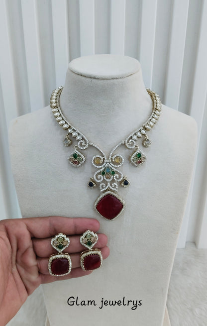 Multi Color Gold Moissanite Kundan Necklace Indian Jewellery Sonalika Set