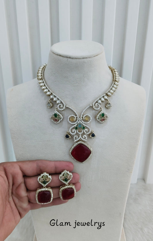 Multi Color Gold Moissanite Kundan Necklace Indian Jewellery Sonalika Set