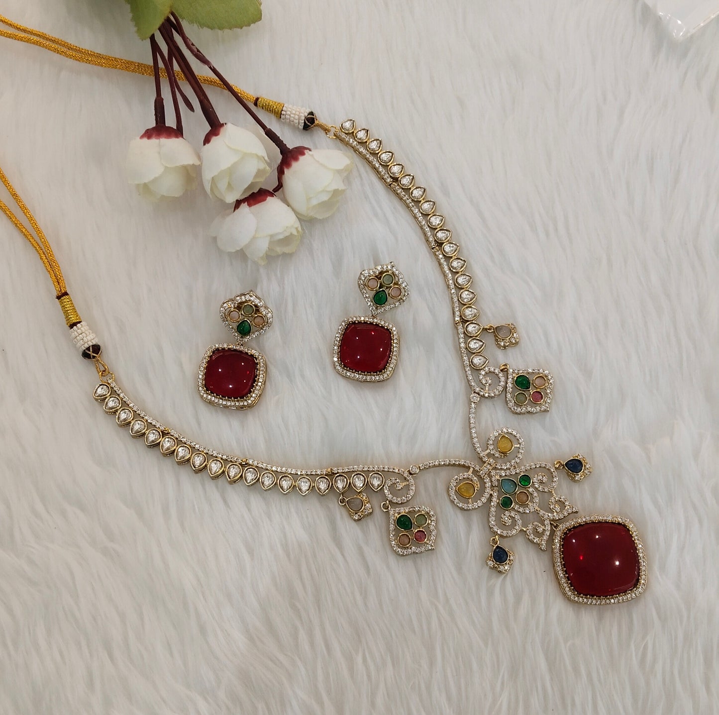 Multi Color Gold Moissanite Kundan Necklace Indian Jewellery Sonalika Set