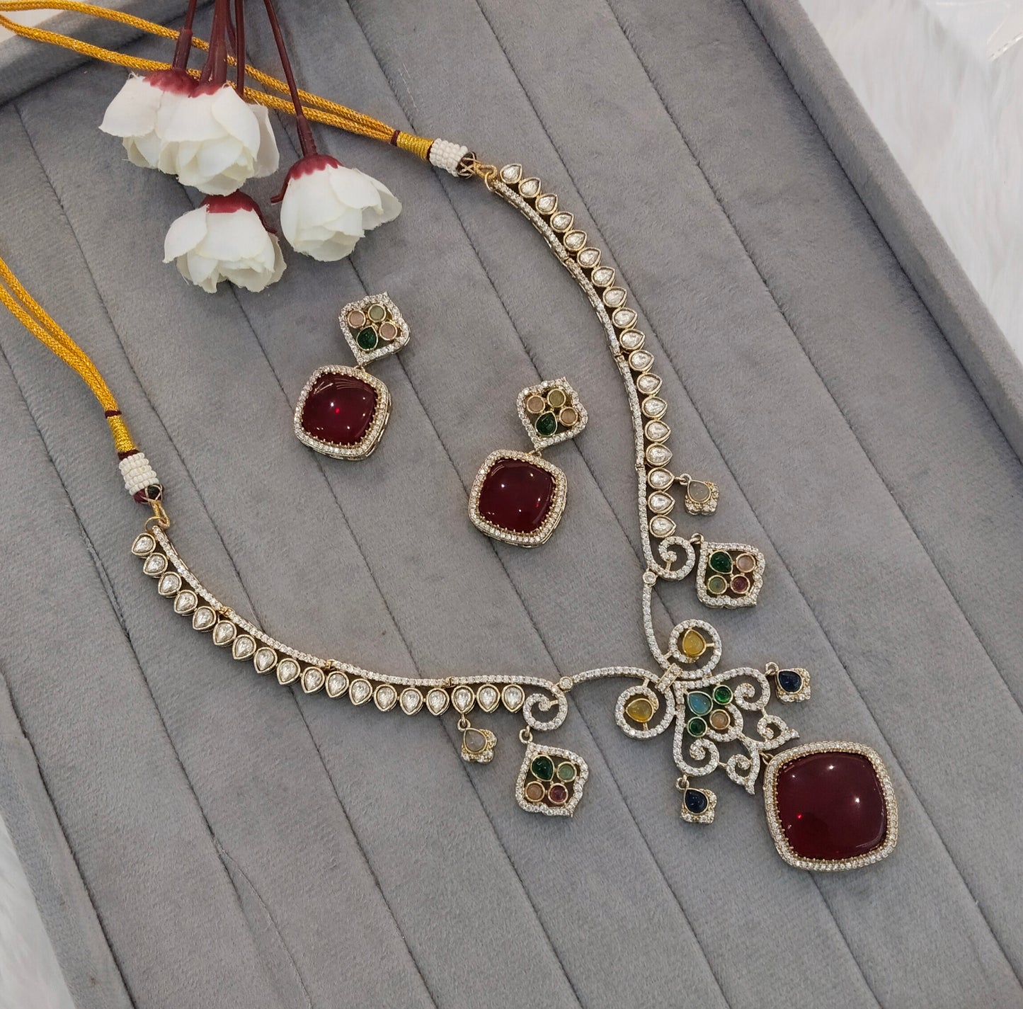 Multi Color Gold Moissanite Kundan Necklace Indian Jewellery Sonalika Set