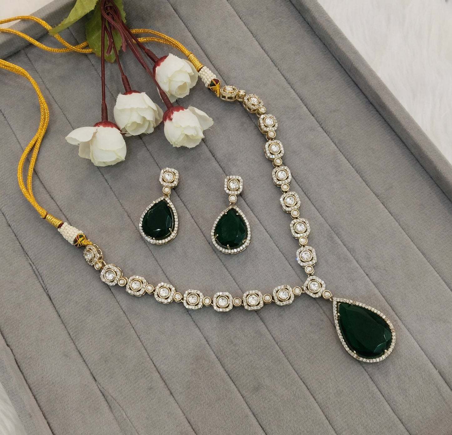 Green Gold Moissanite Kundan Necklace Indian Jewellery Sonalika Set