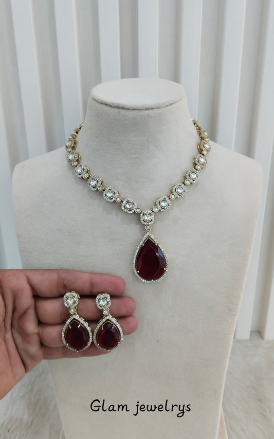Maroon Gold Moissanite Kundan Necklace Indian Jewellery Sonalika Set
