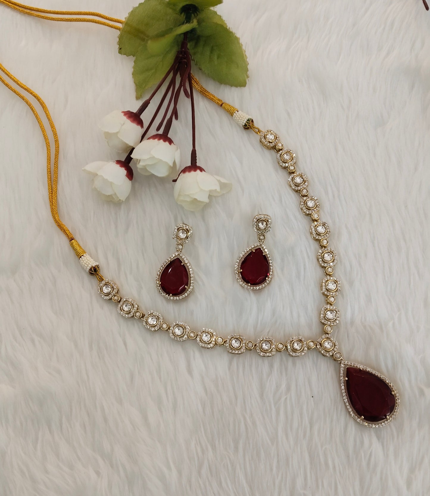 Maroon Gold Moissanite Kundan Necklace Indian Jewellery Sonalika Set