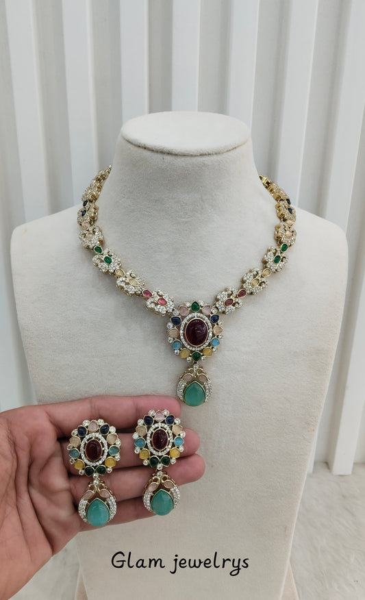 Multi Color Gold Moissanite Kundan Necklace Indian Jewellery Sonalika Set