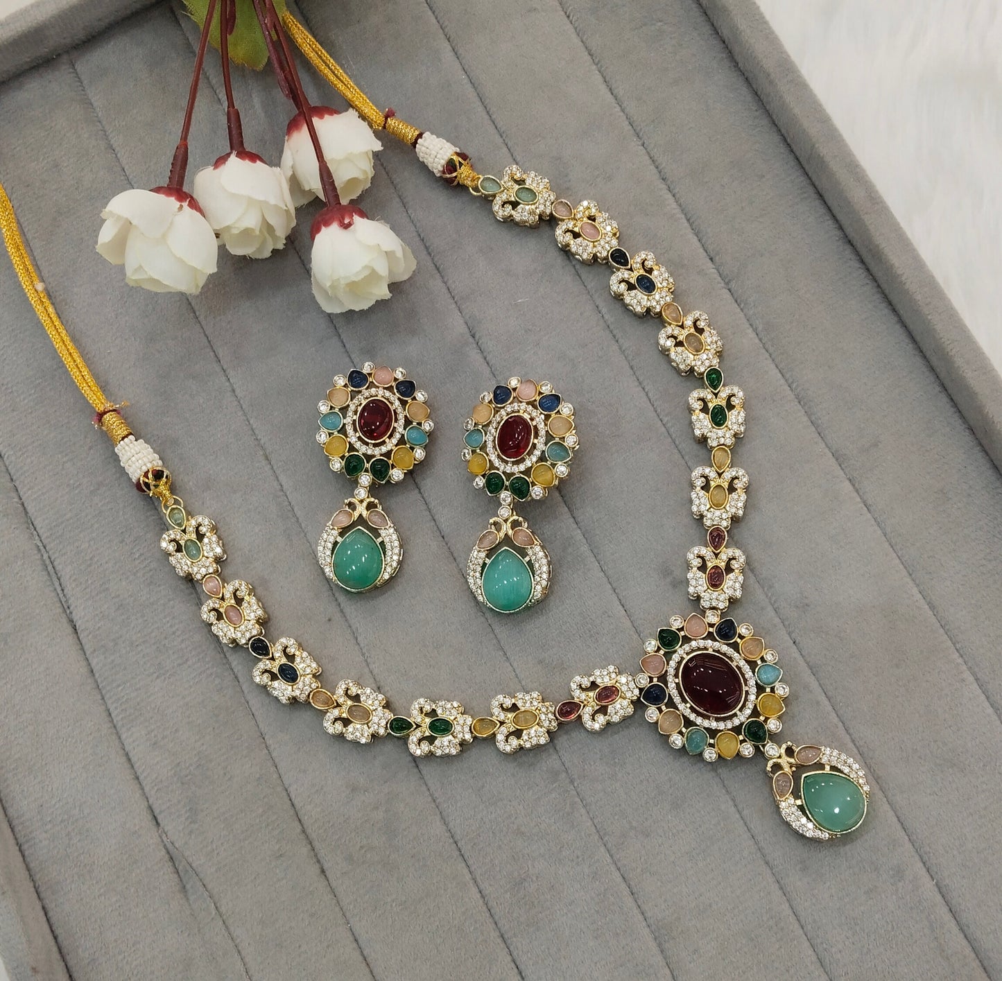 Multi Color Gold Moissanite Kundan Necklace Indian Jewellery Sonalika Set