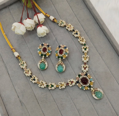 Multi Color Gold Moissanite Kundan Necklace Indian Jewellery Sonalika Set