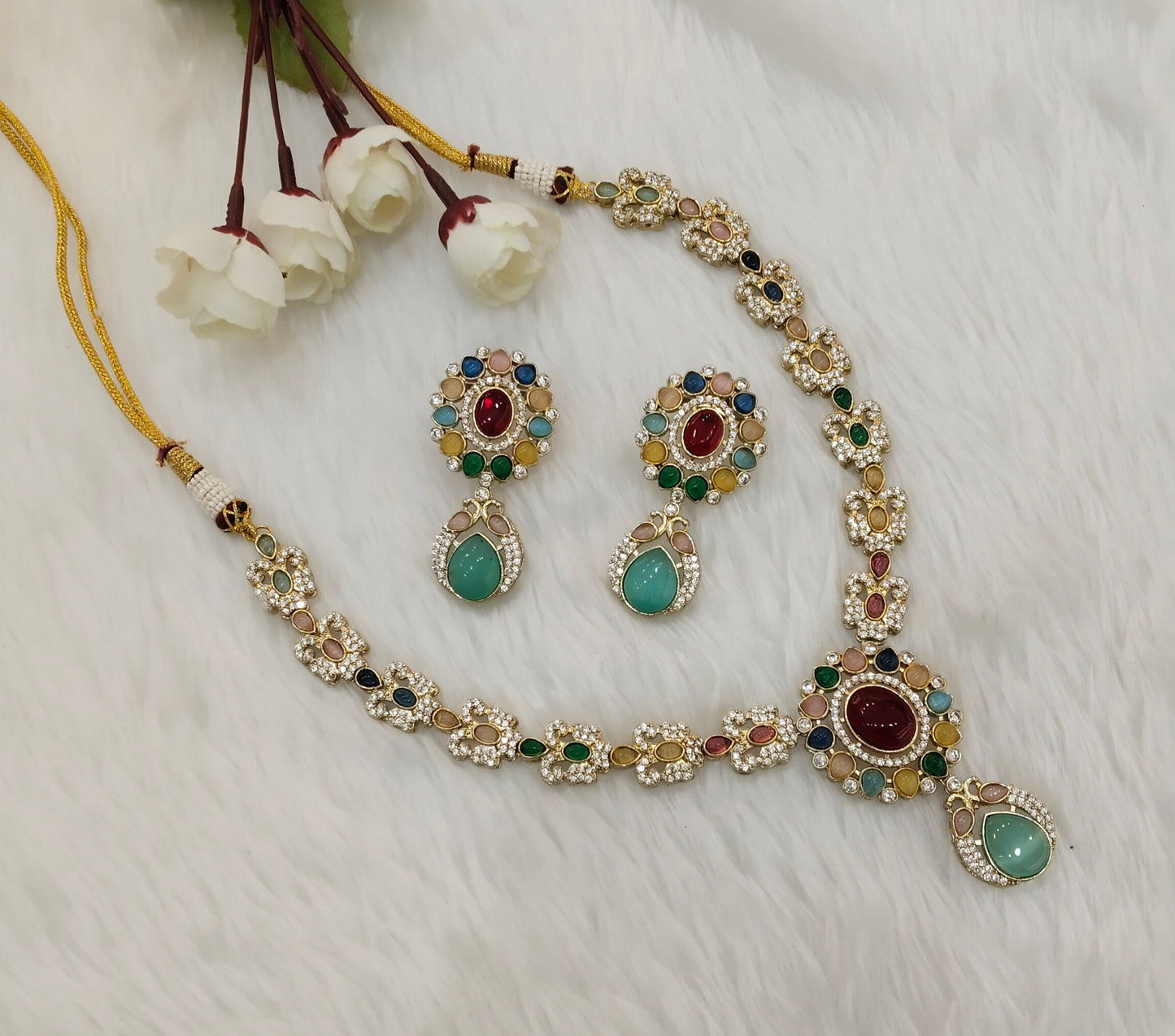 Multi Color Gold Moissanite Kundan Necklace Indian Jewellery Sonalika Set