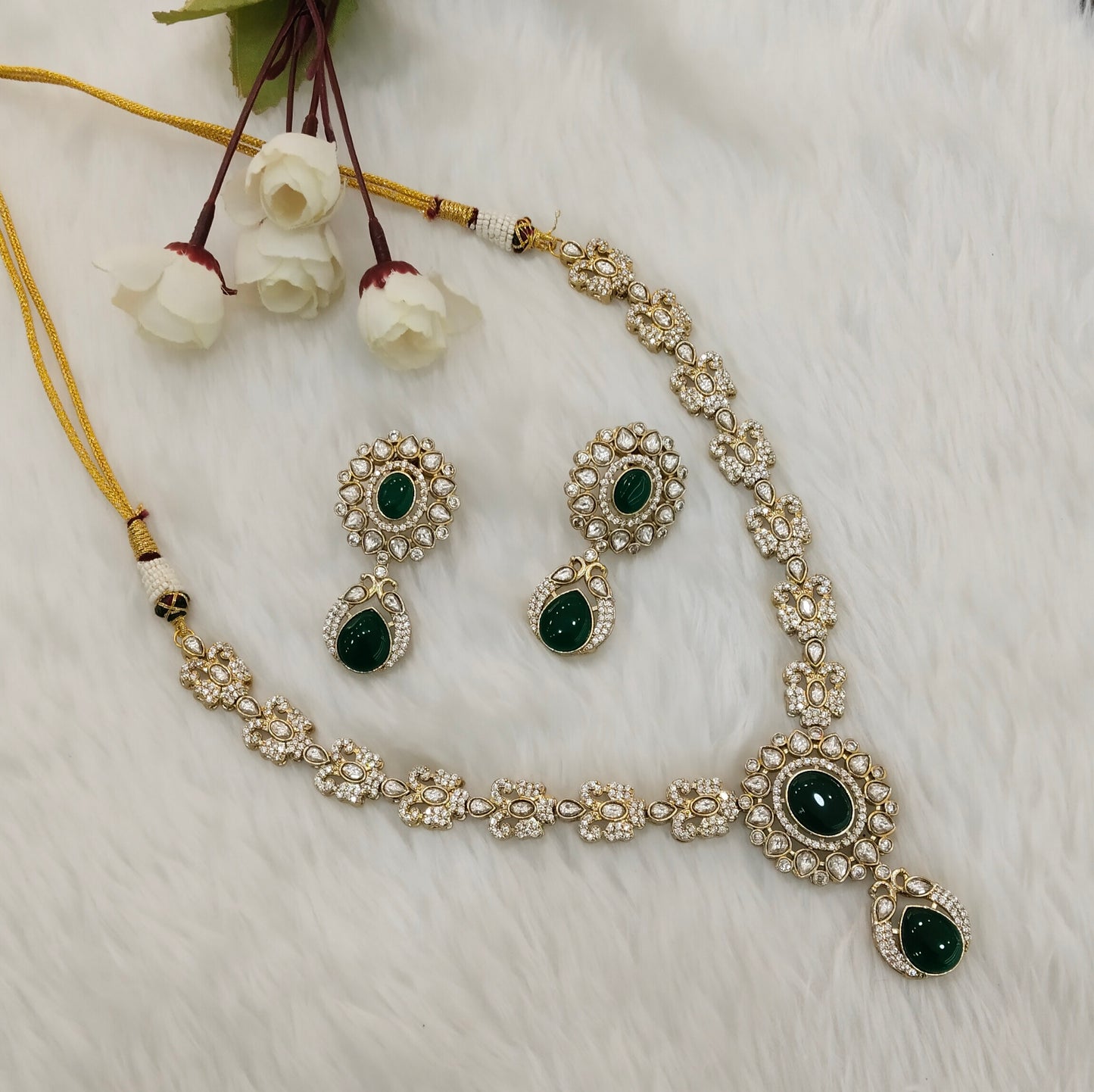 Green Gold Moissanite Kundan Necklace Indian Jewellery Sonalika Set