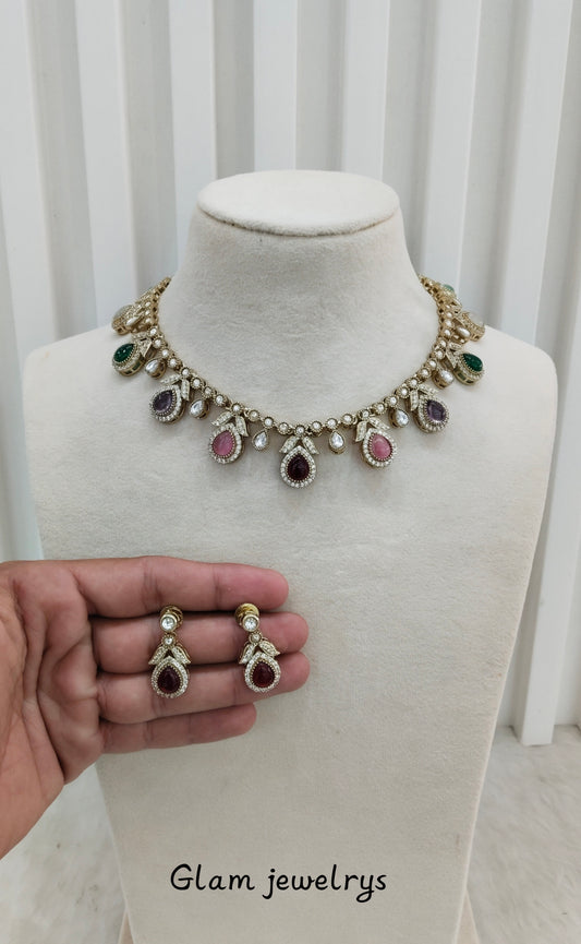 Multi Color Gold Moissanite Kundan Necklace Indian Jewellery Barkat Set