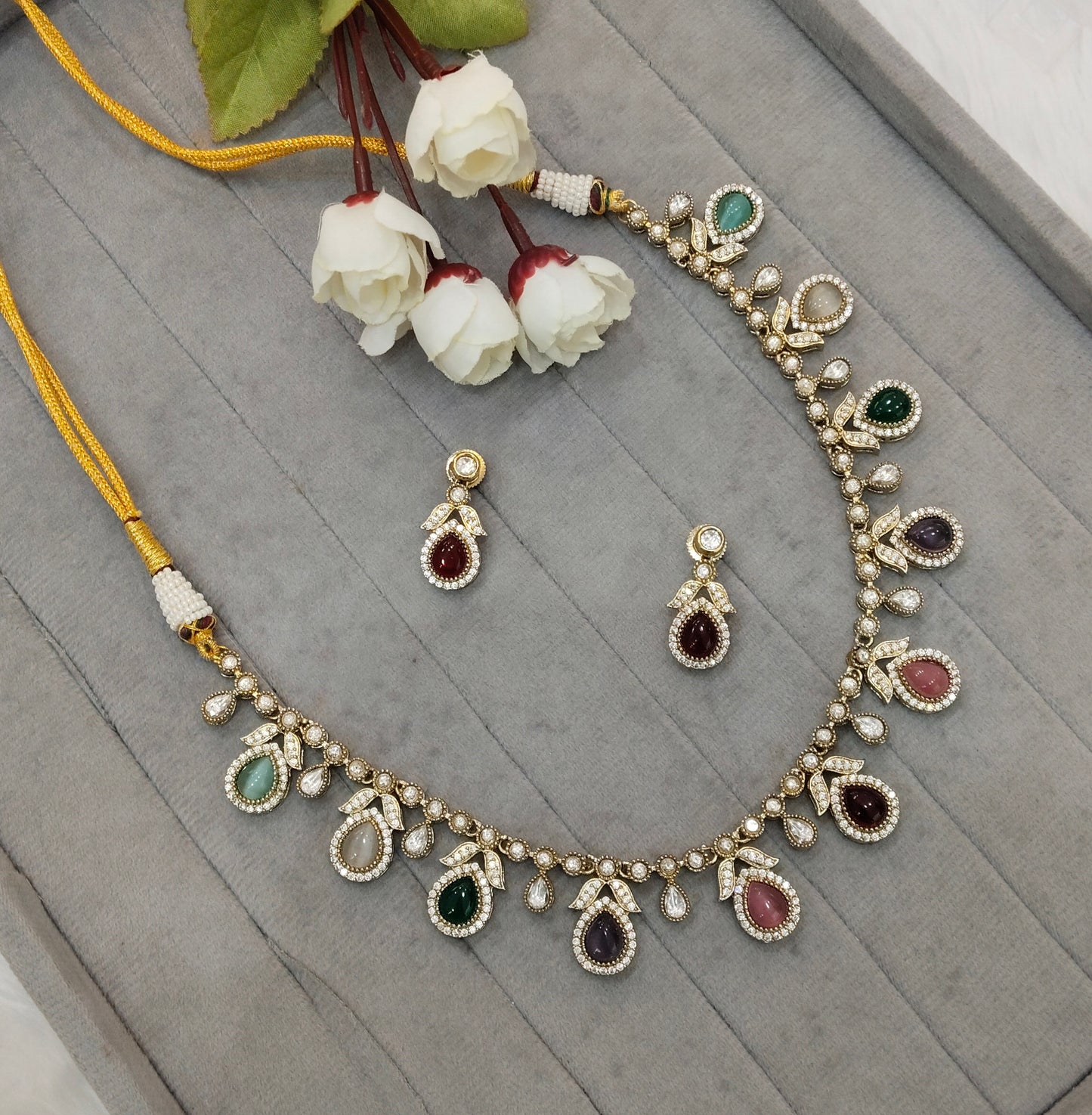Multi Color Gold Moissanite Kundan Necklace Indian Jewellery Barkat Set