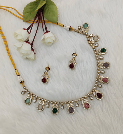 Multi Color Gold Moissanite Kundan Necklace Indian Jewellery Barkat Set