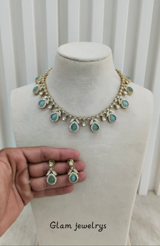 Sage Green Gold Moissanite Kundan Necklace Indian Jewellery Barkat Set