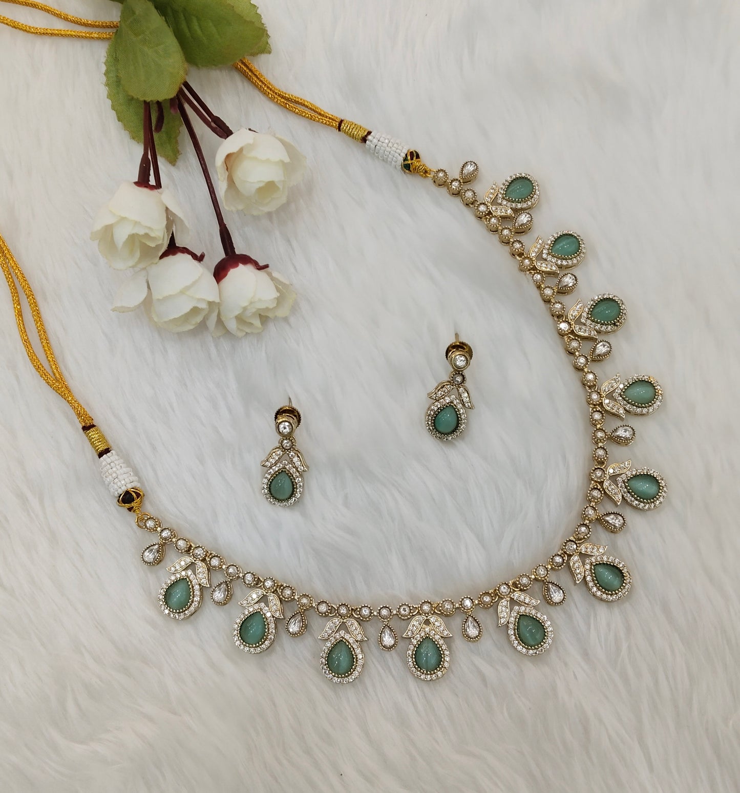 Sage Green Gold Moissanite Kundan Necklace Indian Jewellery Barkat Set