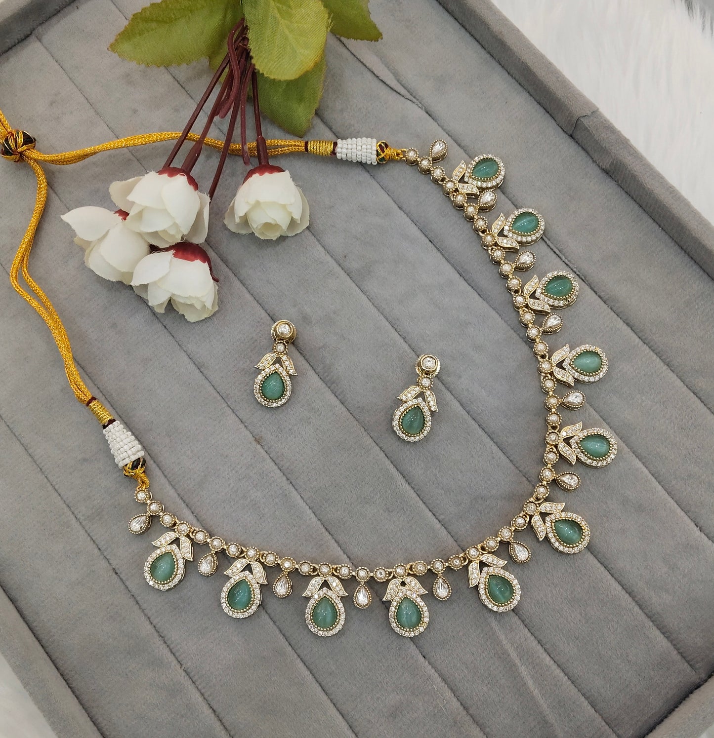 Sage Green Gold Moissanite Kundan Necklace Indian Jewellery Barkat Set