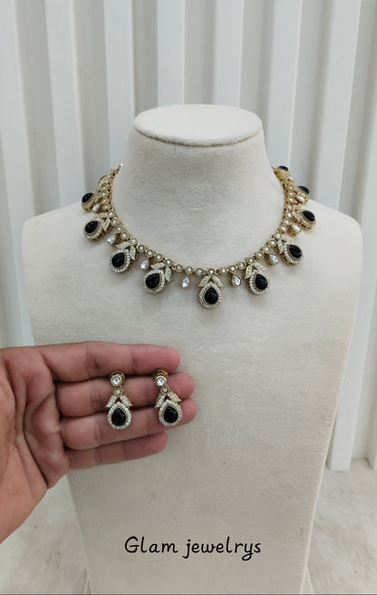 Black Gold Moissanite Kundan Necklace Indian Jewellery Barkat Set