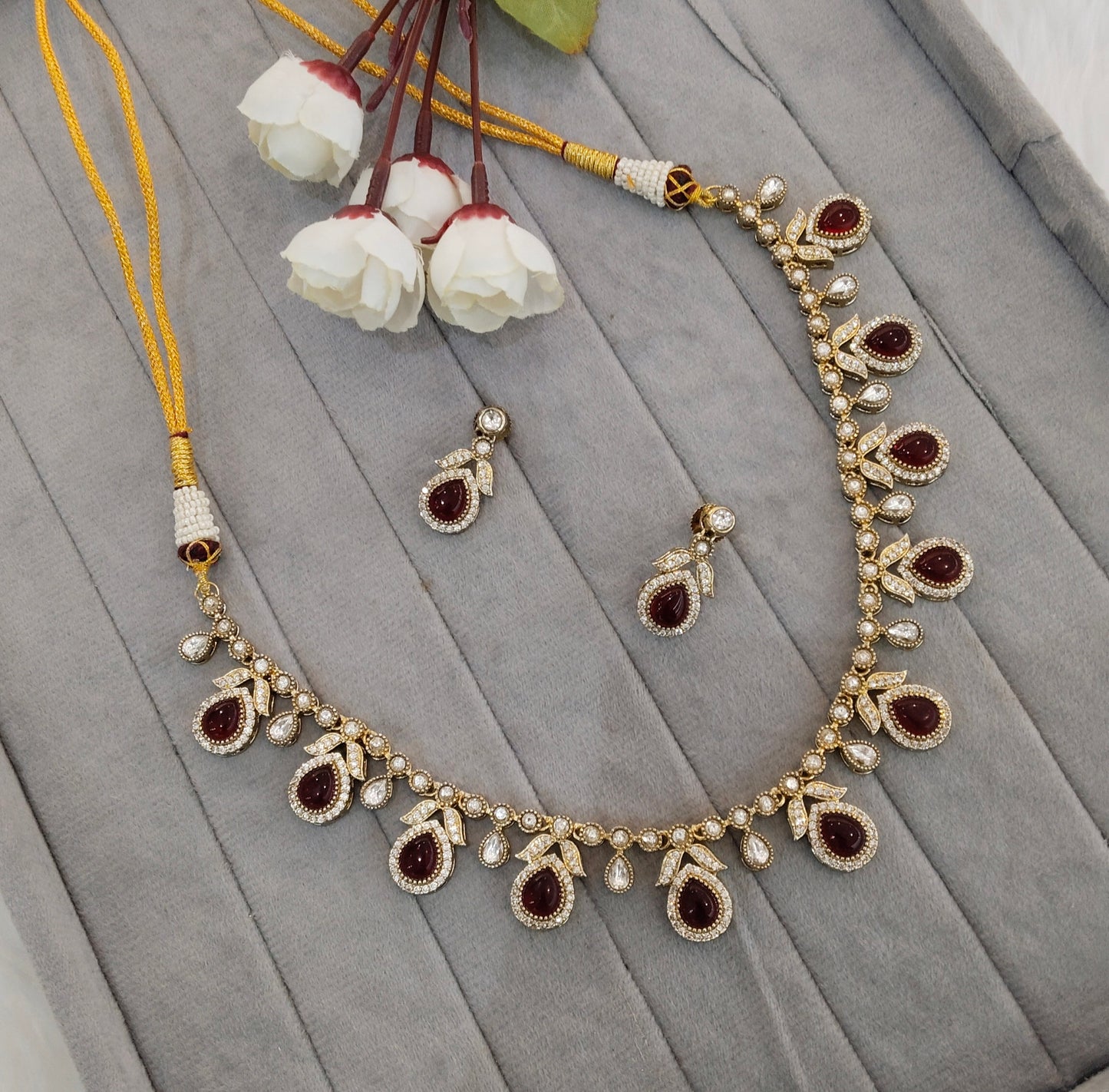 Maroon Gold Moissanite Kundan Necklace Indian Jewellery Barkat Set