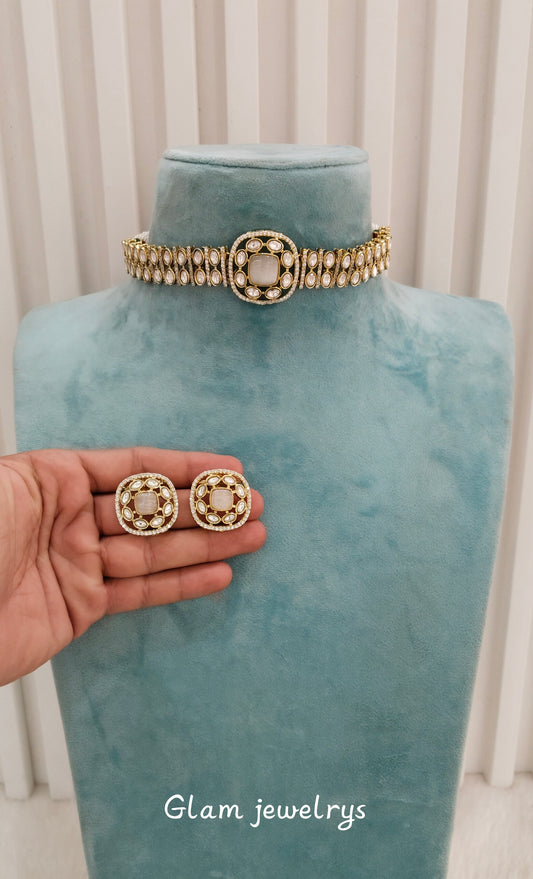White Moissanite Kundan Choker Indian Jewellery Farmtrack Set