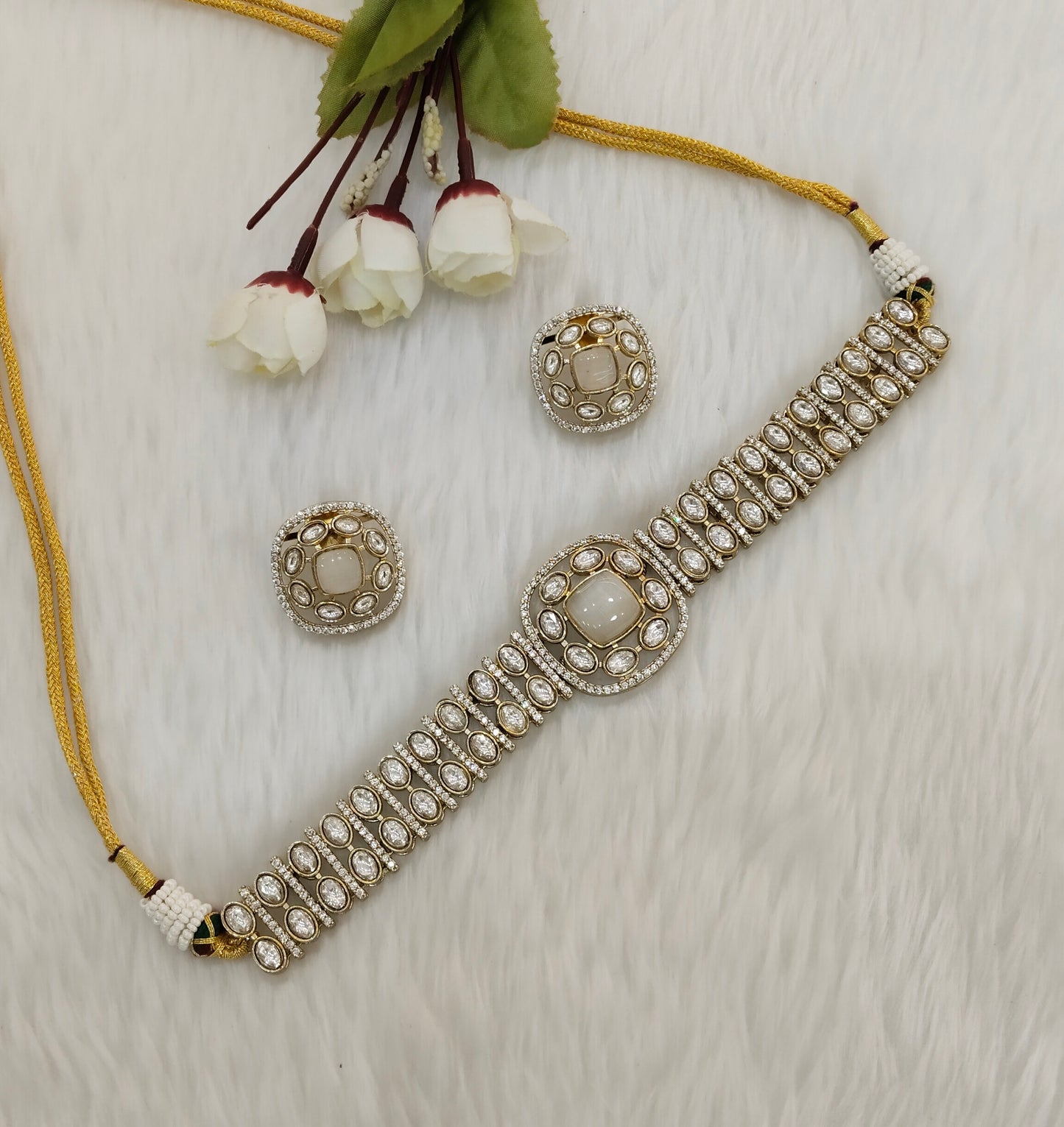 White Moissanite Kundan Choker Indian Jewellery Farmtrack Set