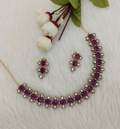 Majenta Gold Moissanite Kundan Necklace Indian Jewellery Echer Set