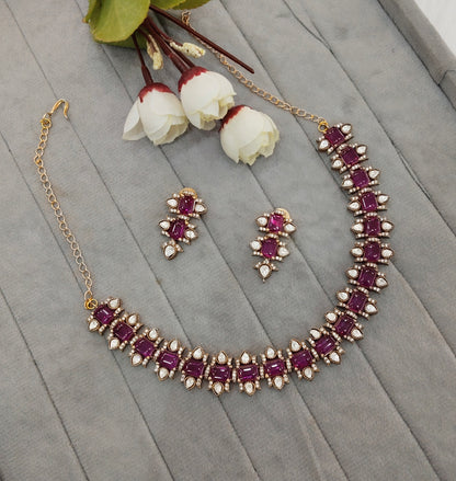 Majenta Gold Moissanite Kundan Necklace Indian Jewellery Echer Set