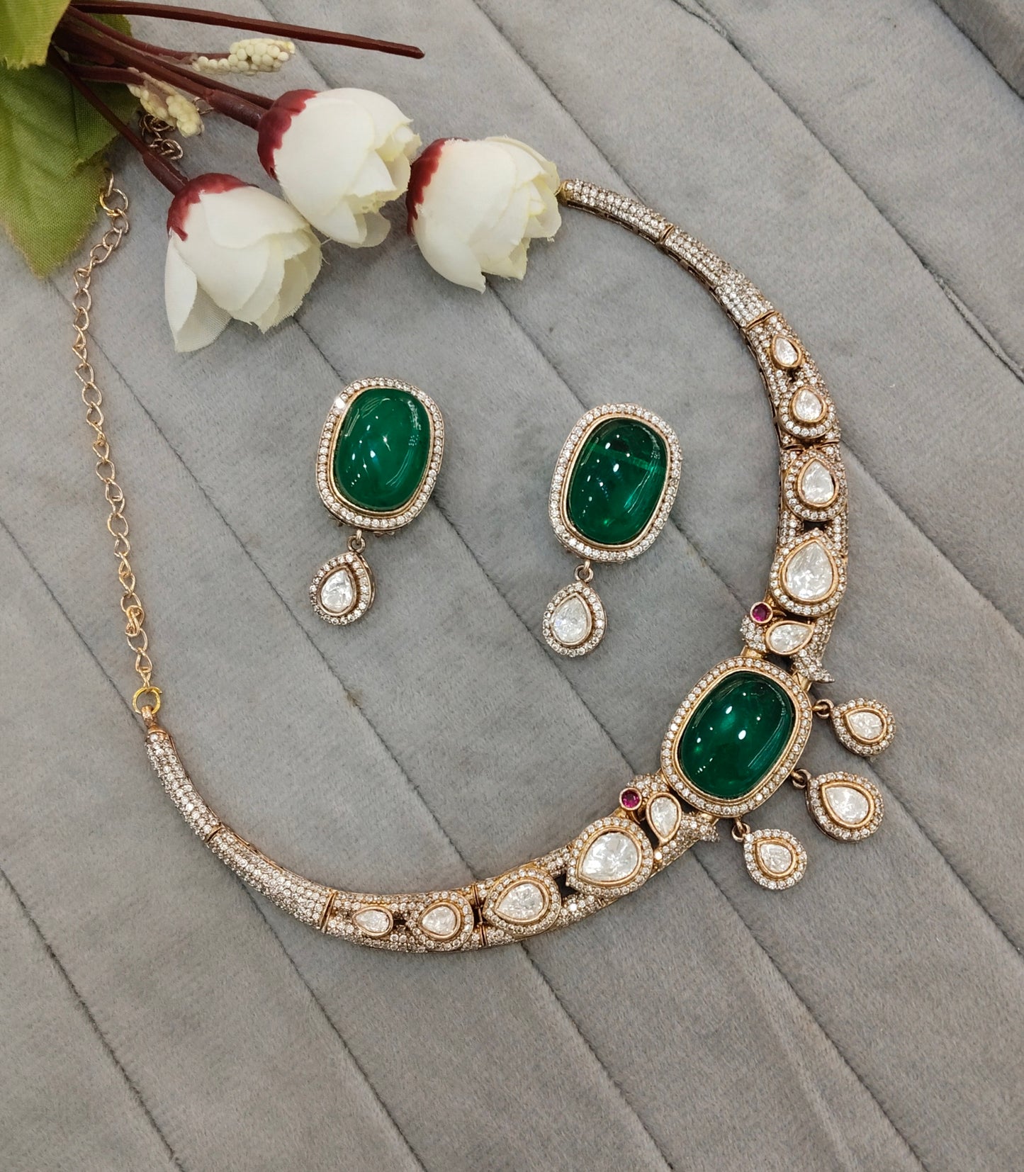 Green Gold Moissanite Kundan Necklace indian Jewellery Indofarm Set