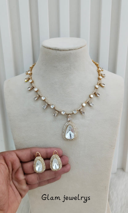 White Gold Moissanite Kundan Necklace Indian Jewellery Indofarm Set