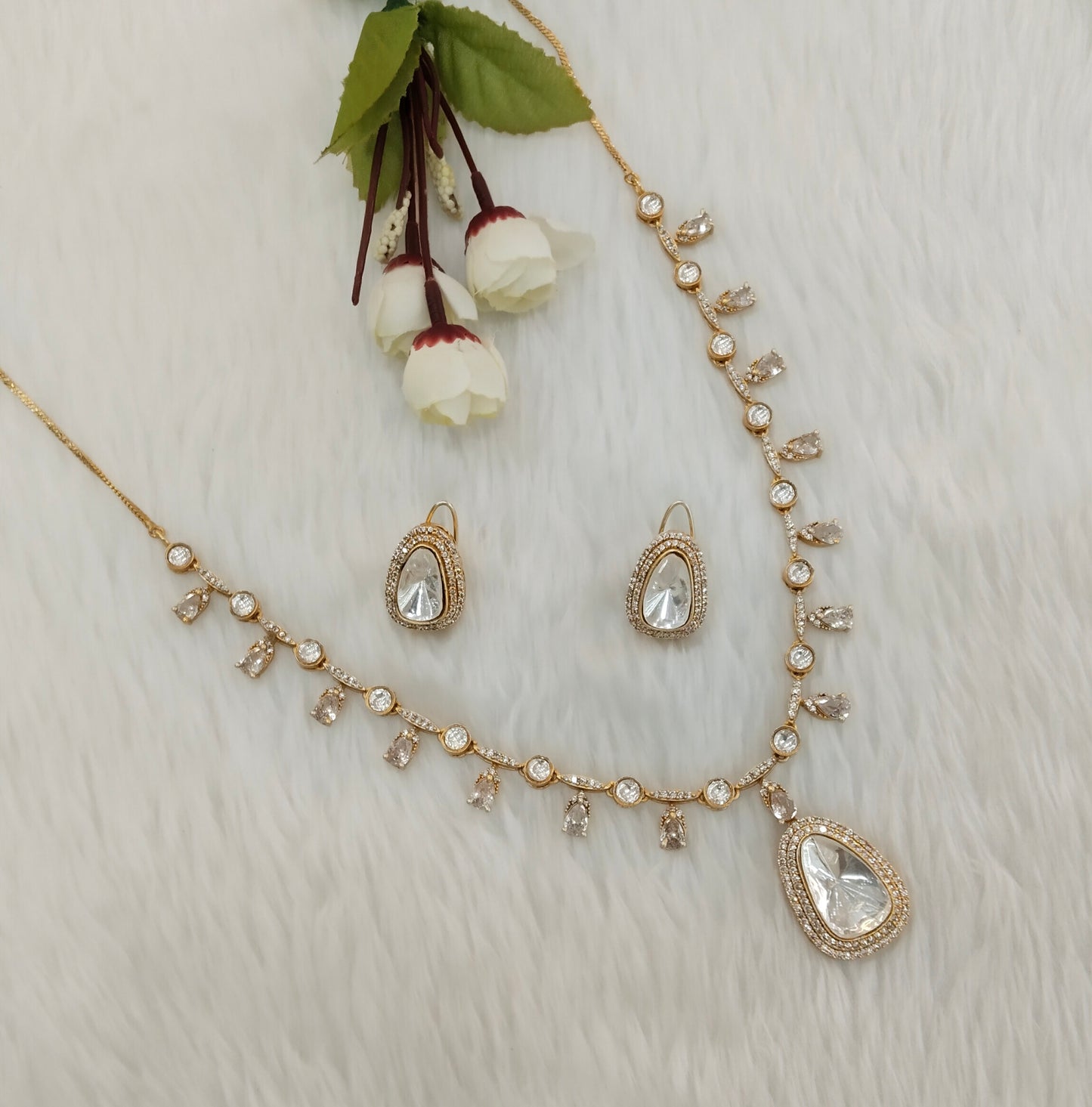 White Gold Moissanite Kundan Necklace Indian Jewellery Indofarm Set