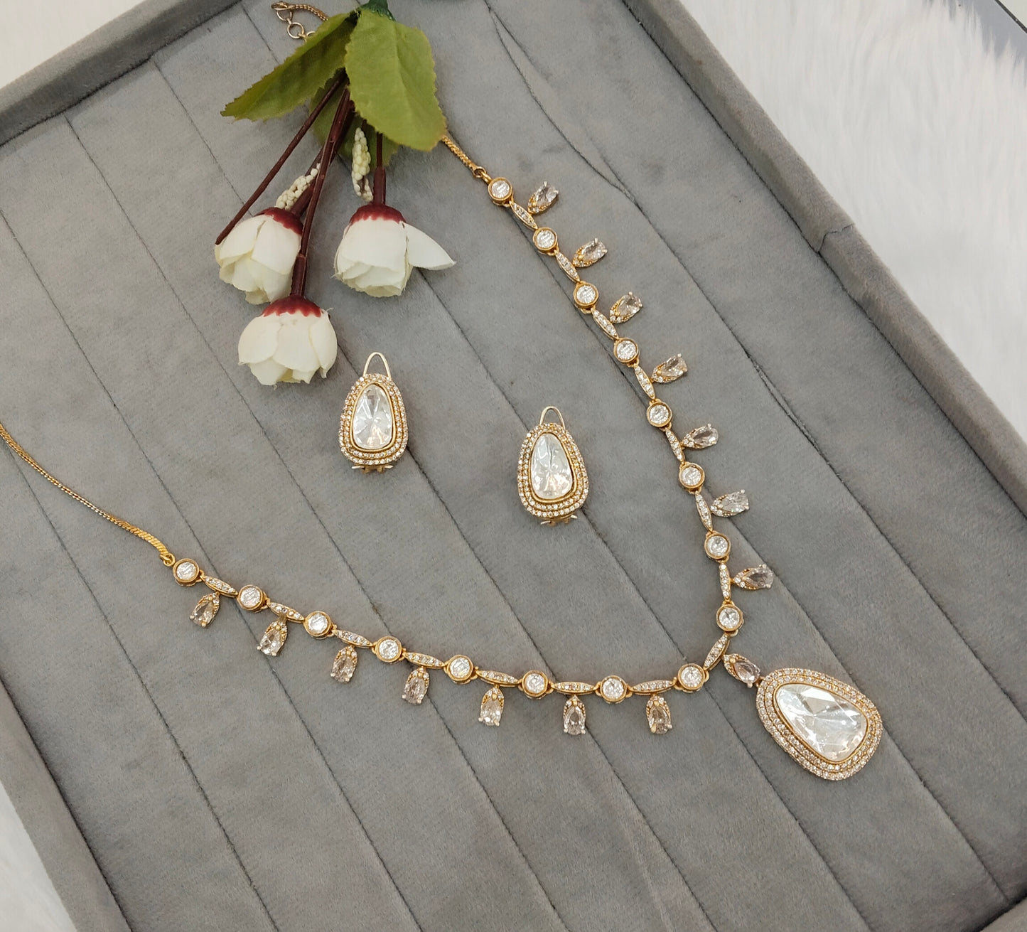 White Gold Moissanite Kundan Necklace Indian Jewellery Indofarm Set