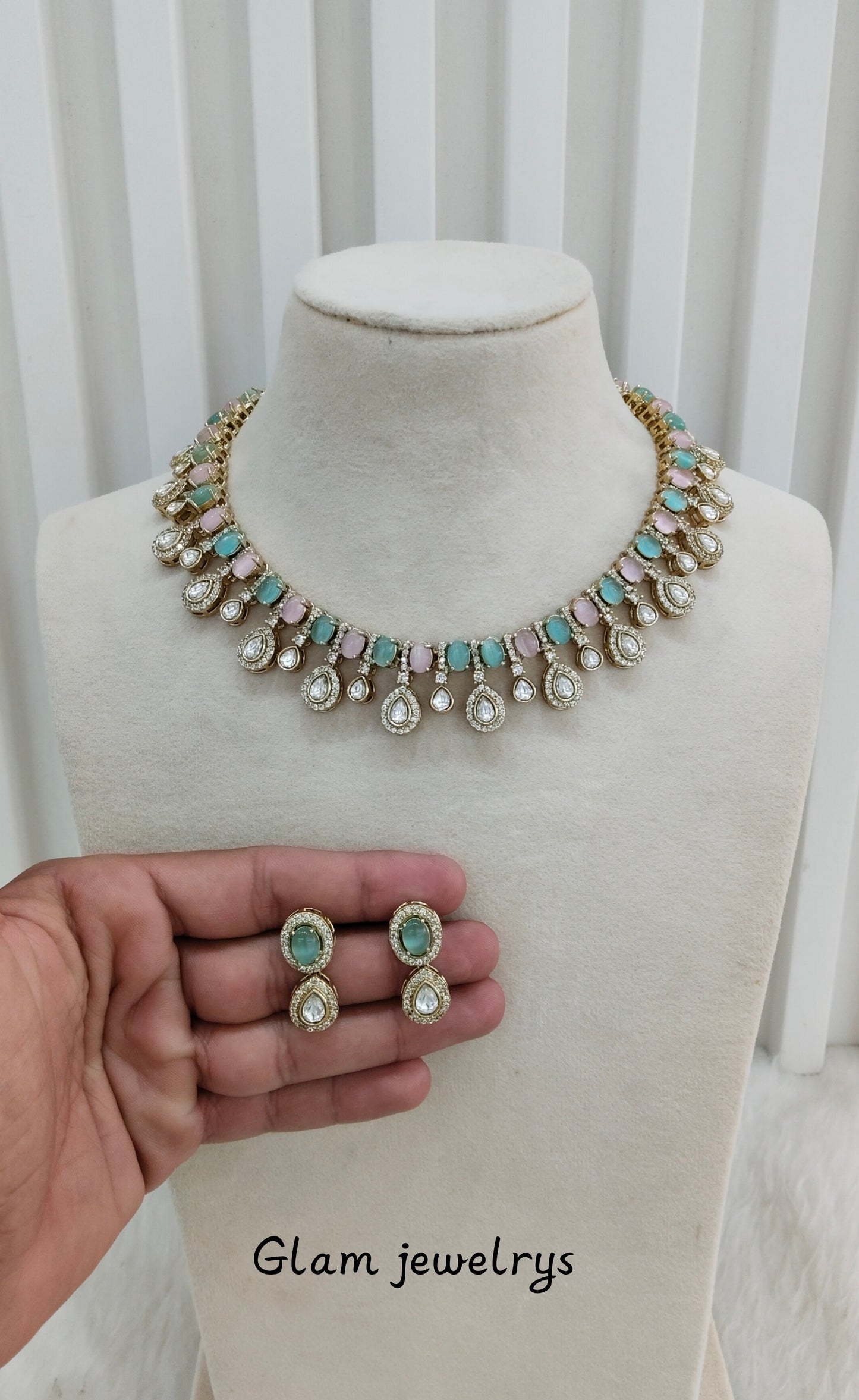 Mint Pink Gold Moissanite Kundan Necklace Indian Jewellery Echer Set