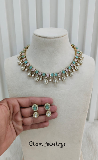 Mint Pink Gold Moissanite Kundan Necklace Indian Jewellery Echer Set