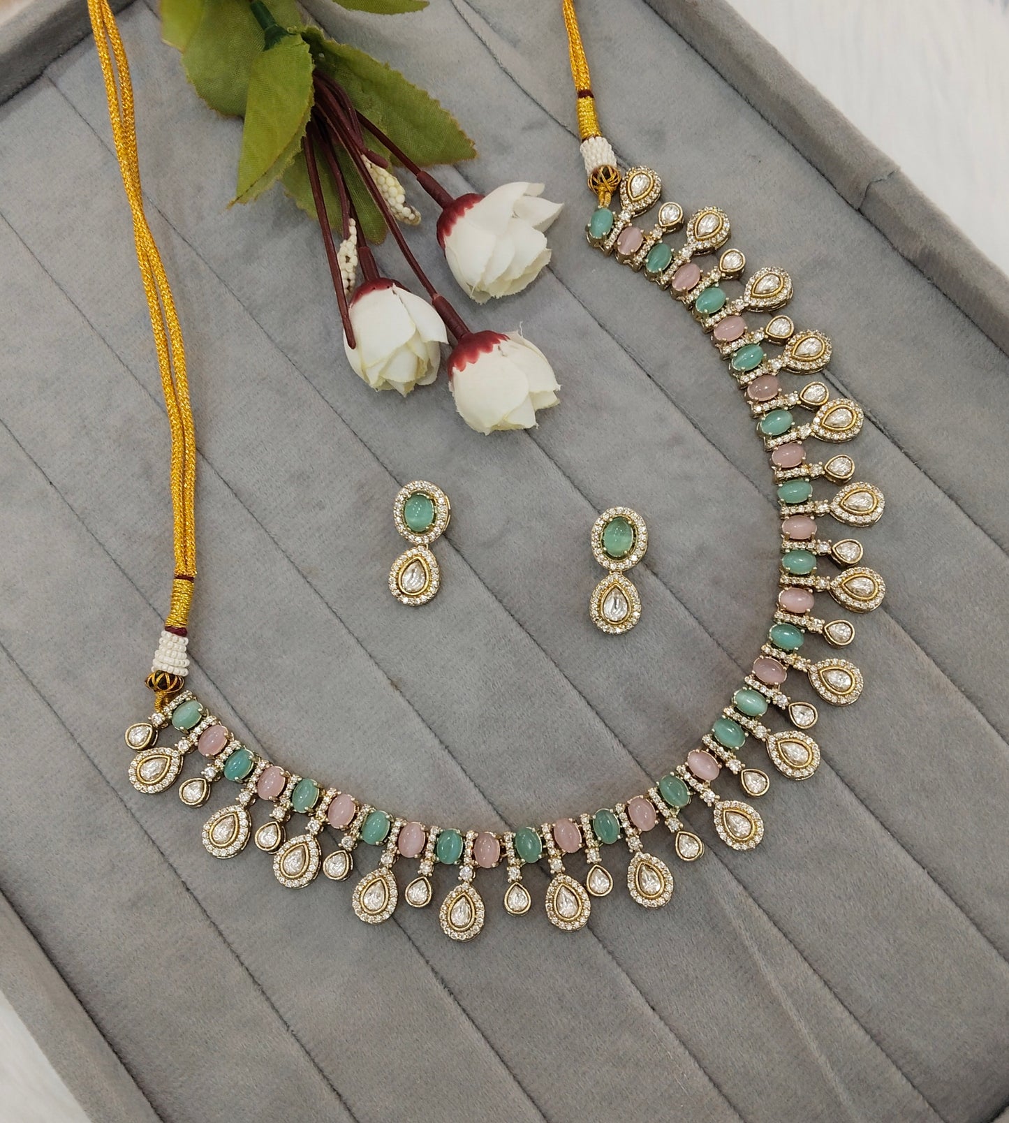 Mint Pink Gold Moissanite Kundan Necklace Indian Jewellery Echer Set
