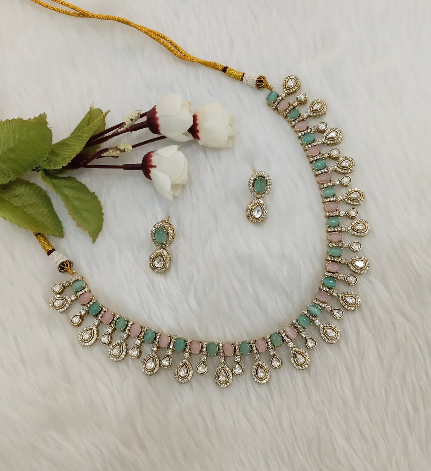 Mint Pink Gold Moissanite Kundan Necklace Indian Jewellery Echer Set