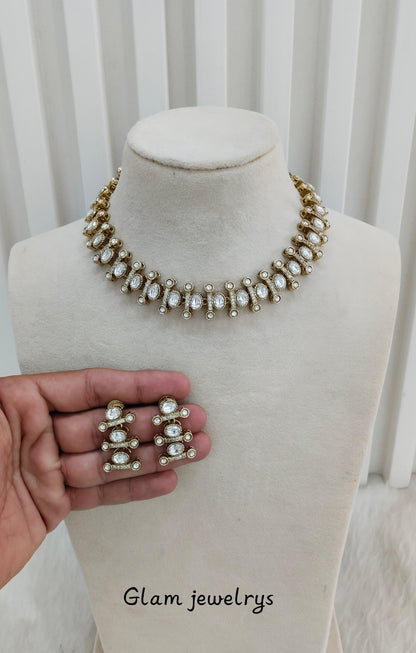 White Gold Moissanite Kundan Necklace Indian Jewellery Massy Set